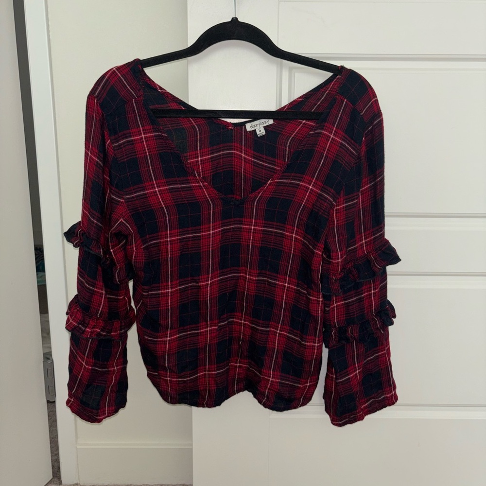 Plaid V-Neck Ruffle Sleeve Top